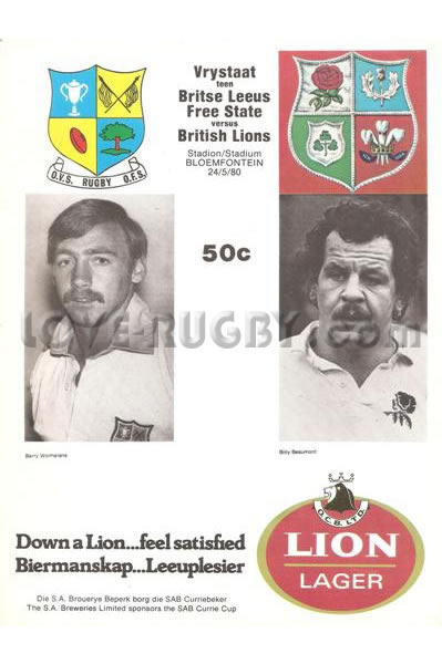 1980 Orange Free State v British Lions  Rugby Programme